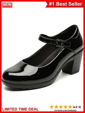 Mary Jane Dress Shoes Chunky Block Heels Closed Toe Ankle Strap Faux Leather